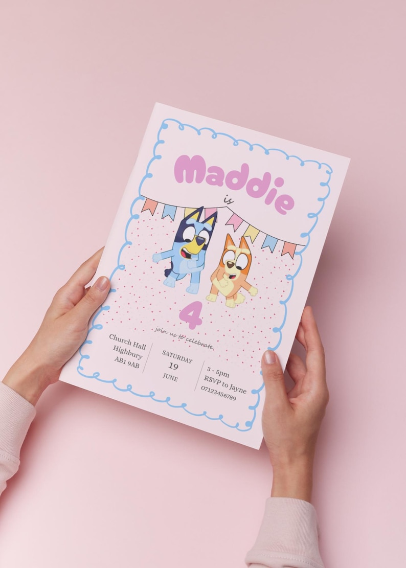 Bluey Theme Birthday Invitation | Pink Invite | Editable Canva Template ...