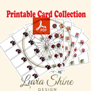 Op de afbeelding: Een verzameling printbare kaarten met bloemmotieven. De kaarten zijn wit met diverse bloemarrangementen in rood, roze en geel. De tekst "Printable Card Collection" is rood, en het PDF-pictogram is zichtbaar. Het ontwerp bevat de tekst "Luvia Shine DESIGN".