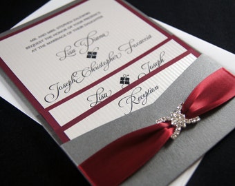 Lisa Z's Burgundy and Gray Custom Pocket Wedding Invitation Sample
