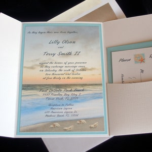 May include: A wedding invitation with a beach sunset background. The invitation reads "As they begin their new lives together, Lilly Olson and Terry Smith II request the honor of your presence as they exchange marriage vows on Saturday, the sixth of October, two thousand and twelve at five thirty in the evening. Fort DeSoto Park Beach, 3500 Pinellas Bay Way S, Tierra Verde, FL 33715. Reception to follow, American Legion, 600 American Legion Dr, Madeira Beach, FL 33708."