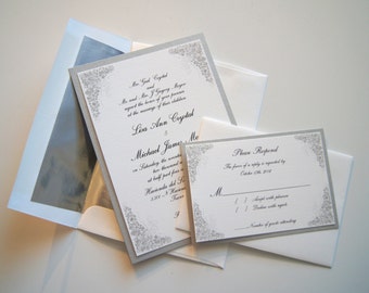 Lisa's Silver Victorian Custom Petite Wedding Invitation Sample