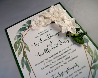 Ivy's Gold and Green with Paper Flowers Custom Wedding Invitation Suite - SAMPLE