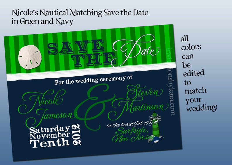 QTY 25 Nicole/'s Nautical Save the Date in Green and Navy