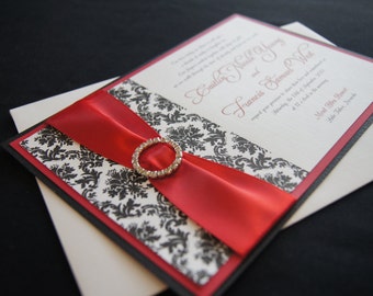 Caitlin's Black and Red Damask Custom Wedding Invitation Suite Sample