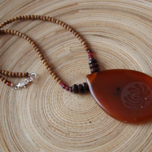 SALE Garnet and ruby modern mala necklace with large red jade carved lotus pendant and 108 sandalwood beads