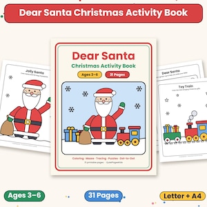 Puede incluir: El libro de actividades navideñas Dear Santa presenta una portada con un Santa Claus de dibujos animados, un tren de juguete y regalos. Incluye 31 páginas para edades de 3 a 6 años, con colorear, laberintos, trazos, rompecabezas y puntos.