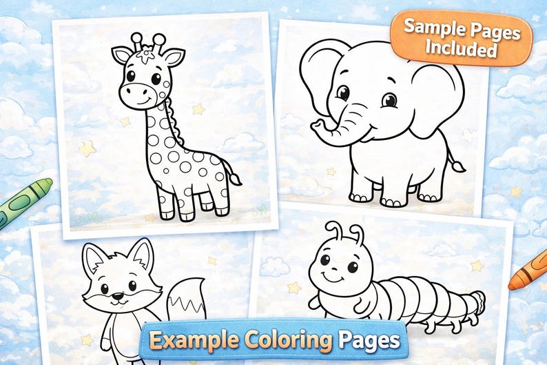 Example Of Coloring Book Animal Coloring Book, 50 Easy Pages, Kids Activity (PDF Instant ...