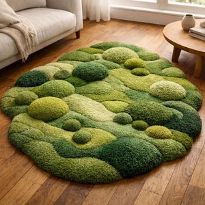 May include: A round, textured rug in varying shades of green, resembling a landscape of rolling hills and mounds. The rug's design incorporates multiple shades of green, creating a three-dimensional effect. The rug is placed on a wooden floor.