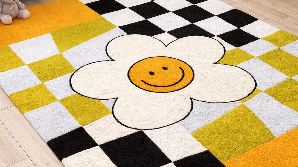 Smiley Flower Checkered Rug, Black White Daisy Nursery Carpet, Yellow ...