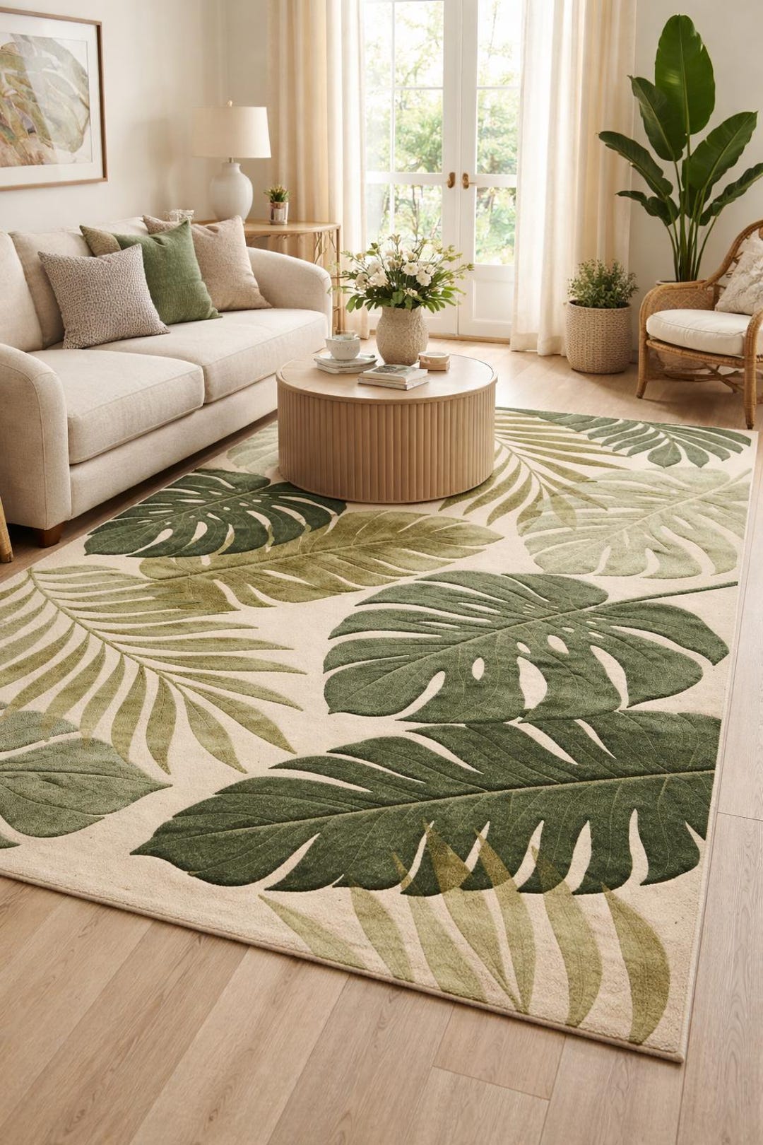Tropical Leaf Area Rug, Green Botanical Living Room Carpet, Monstera ...