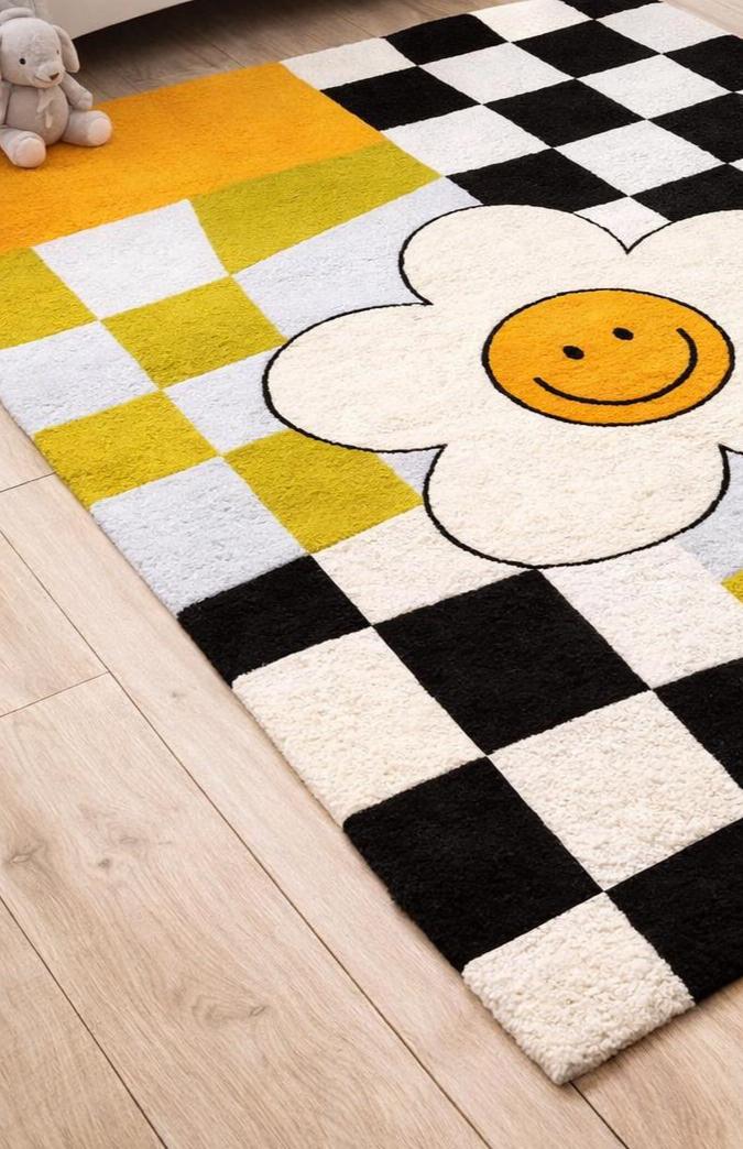 Smiley Flower Checkered Rug, Black White Daisy Nursery Carpet, Yellow ...