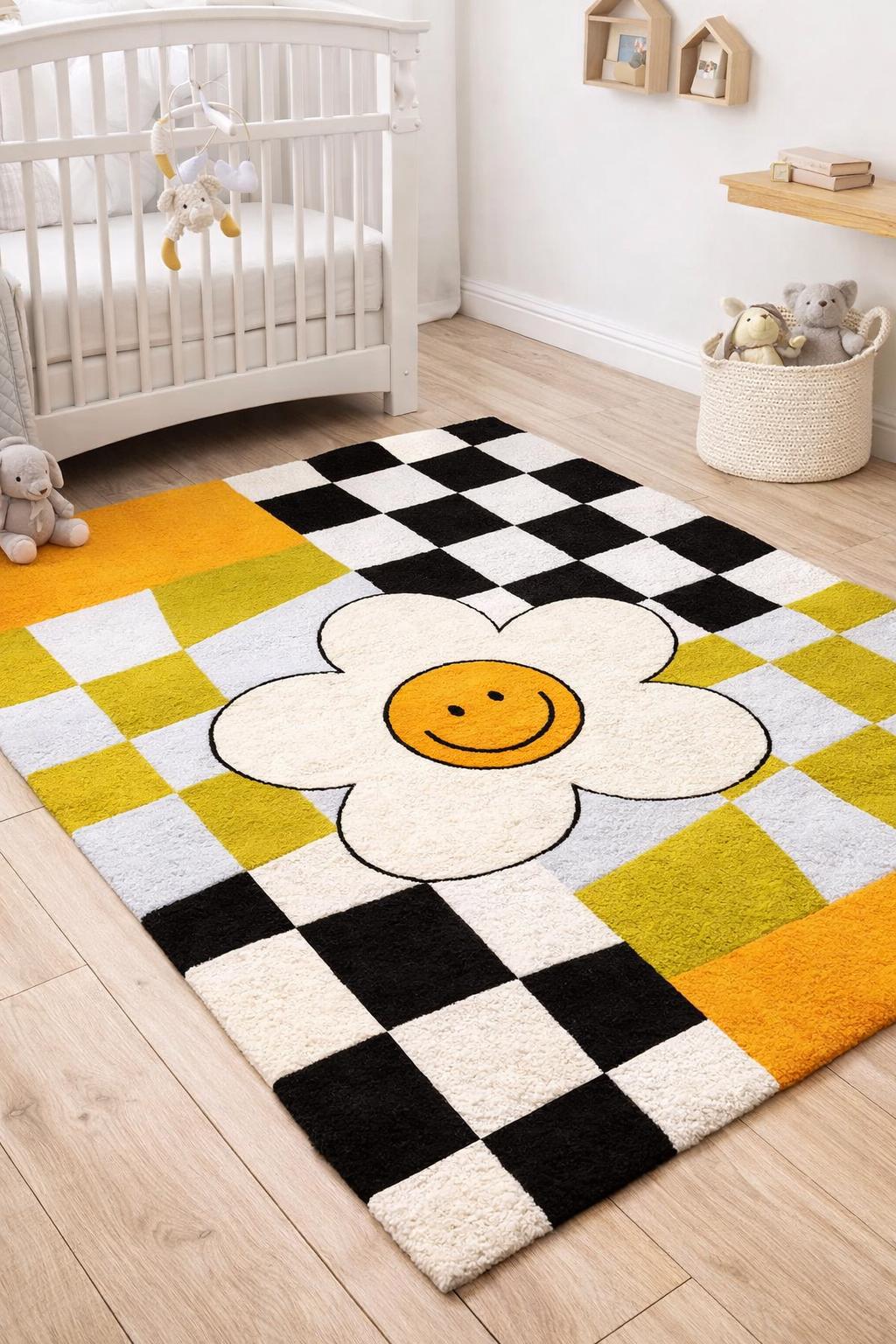 Smiley Flower Checkered Rug, Black White Daisy Nursery Carpet, Yellow ...