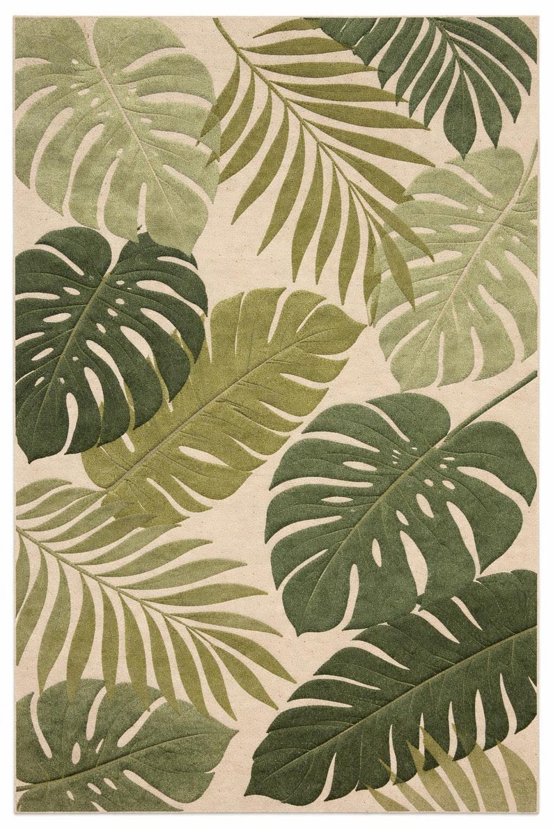 Tropical Leaf Area Rug, Green Botanical Living Room Carpet, Monstera ...