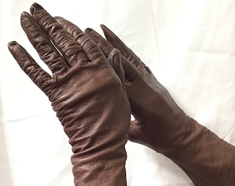 Kid Leather Gloves.  Women's Dress gloves.  Vintage,  Brown, 11-12"   Size: SMALL