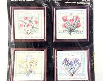 janlynn Counted Cross Stitch kit #51-169  "PATCHWORK FLOWERS"  4 pieces-6X6"