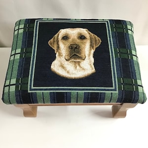 Footstool, Green Plaid with “Golden Retriever Dog”.  15.5”x11.5”x10.5”