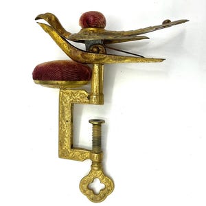Victorian Bird Sewing Adjustable Clamp w/2 Pin Cushions  Antique