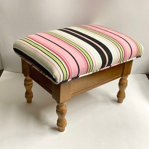 Footstool:  Lidded with Striped Black/Green/White/Pink Fabric,  15” x 12&quot; X 11&quot;