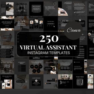 May include: A collection of 250 Virtual Assistant Instagram templates in a dark gray and black color scheme. The templates include text boxes, tips, and other design elements for social media content.