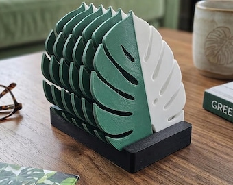MONSTERA LEAF COASTERS Set of 6 with Holder Unique Variegated Plant Gift Coaster Decor
