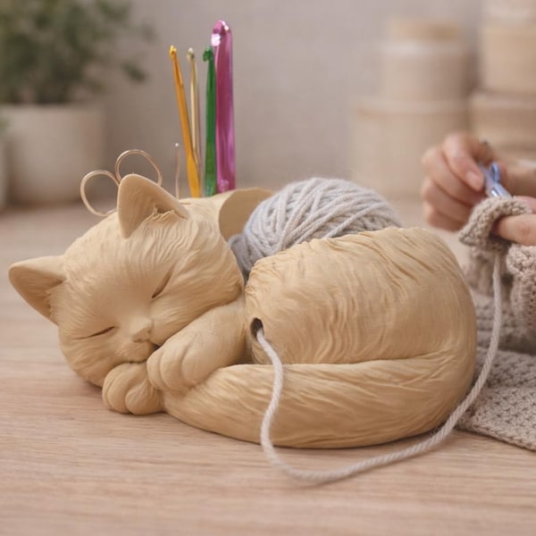 May include: A beige cat-shaped yarn holder with a sleeping cat design. The holder contains a ball of gray yarn and several crochet hooks. A strand of yarn extends from the holder. The theme is knitting and crochet.
