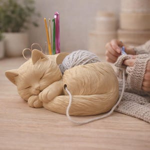 May include: A beige cat-shaped yarn holder with a sleeping cat design. The holder contains a ball of gray yarn and several crochet hooks. A person is crocheting in the background. A charming and functional item for crafters.