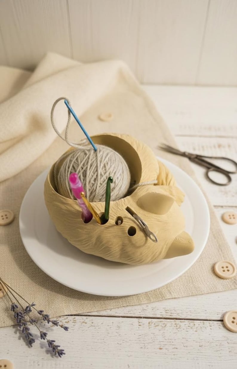 May include: A beige, pig-shaped yarn bowl holds a ball of gray yarn, a blue needle, and several crochet hooks. The bowl sits on a white plate, with scissors and buttons in the background. A charming craft accessory.