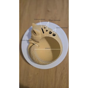 May include: A light-colored wooden cat-shaped desk organizer. It features a large open compartment, three small holes, and a slot. The organizer is 4.5 inches wide and 1.25 inches deep. It sits on a white plate.