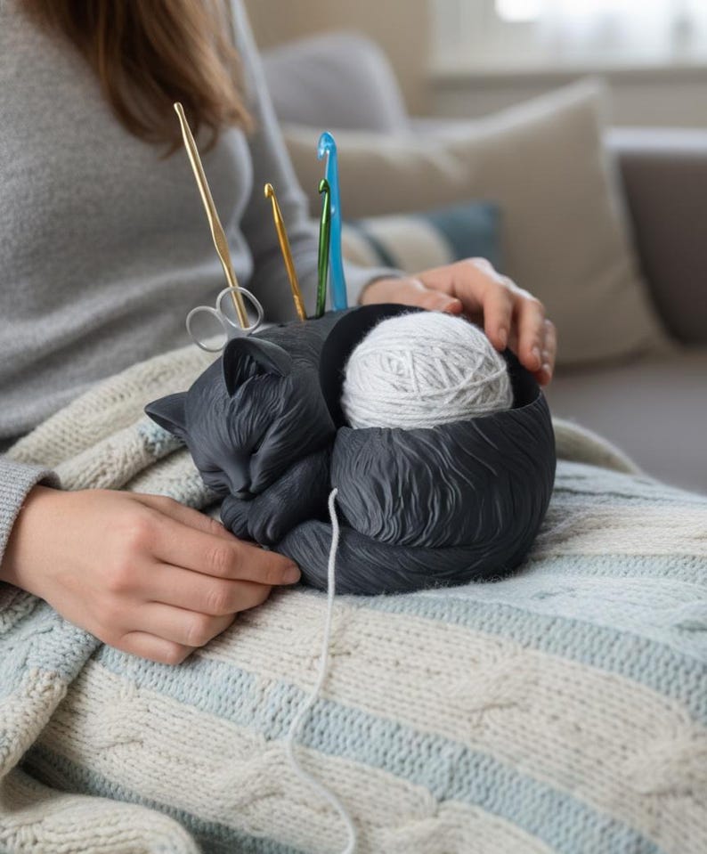 CAT YARN BOWL Crochet Gift Crochet Hook Organizer Station Cozy Craft Room Decor image 2