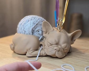 PUPPY DOG YARN Bowl Crochet Gift French Bulldog Craft Organizer Station Cozy Room Decor