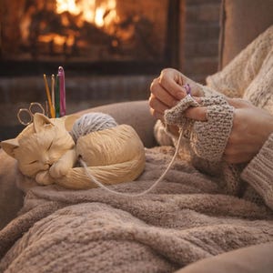 May include: A beige cat-shaped yarn holder with a sleeping cat figurine, holding yarn and crochet hooks. A person is crocheting a beige glove. A cozy scene with a fireplace in the background.