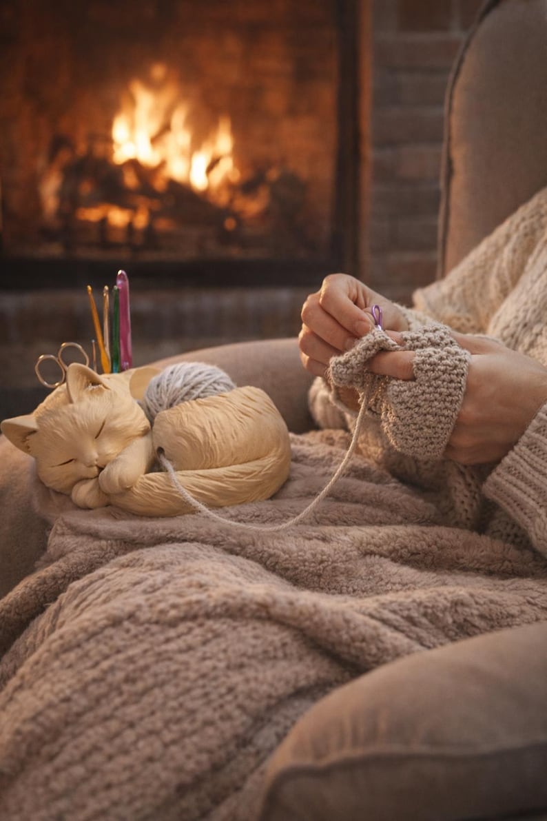 May include: A beige cat-shaped yarn holder with a sleeping cat figurine, holding yarn and crochet hooks. A person is crocheting a beige glove. A cozy scene with a fireplace in the background.