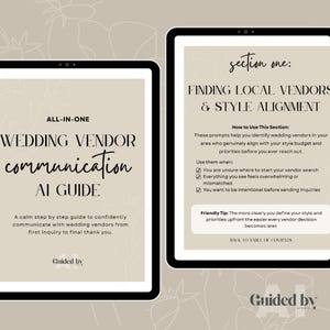 Op de afbeelding: Twee digitale tablets met een gids voor communicatie met trouwleveranciers. De linkertablet toont "All-In-One Wedding Vendor Communication AI Guide". De rechtertablet toont "Finding Local Vendors & Style Alignment". De gids biedt tips voor het plannen van bruiloften.