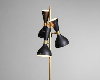 Mid-Century Modern Brass Floor Lamp | Italian Style Stilnovo Triple Cone Shade | Vintage Black Standing Fixture | Luxury Corner Light