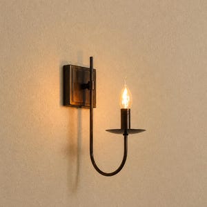 Peut inclure: Une applique murale dotée d'une plaque arrière rectangulaire en bronze foncé et d'un bras métallique fin et incurvé. Le luminaire supporte une ampoule de type bougie avec un filament chaud et lumineux, posée sur une petite coupelle ronde.