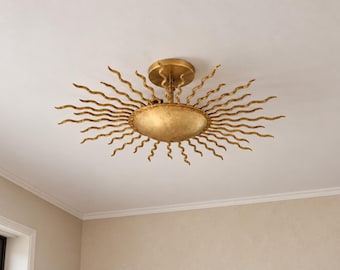 Mid-Century Modern Sunburst Brass Ceiling Light - Gold Flush Mount Chandelier, Art Deco Sun Ceiling Lamp for Living Room & Dining Spaces