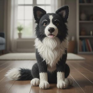 Pode incluir: Uma figura de cão feita à mão em croché com um esquema de cores preto e branco. O brinquedo de peluche tem um rosto detalhado com olhos castanhos, um nariz preto e uma pequena língua visível. Tem um peito branco felpudo e patas brancas.