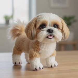 Pode incluir: Um pequeno cão de peluche com pelo longo e macio em tons de branco e castanho claro. O brinquedo apresenta uma cabeça arredondada, orelhas caídas, nariz preto, olhos escuros e uma pequena língua rosa visível, de pé sobre quatro patas brancas.