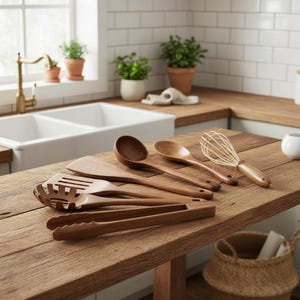 Juego de utensilios de cocina de madera hechos a mano: 7 piezas ecológicas