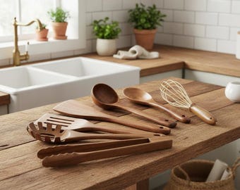 Ensemble d'ustensiles de cuisine en bois faits main : 7 ustensiles de cuisine respectueux de l'environnement
