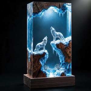 Könnte beinhalten: Eine rechteckige Lampe aus Holz und durchscheinendem blauem Harz mit zwei weißen Wolfsfiguren auf felsigen Vorsprüngen. Das Design umfasst eisige Texturen, Eiszapfen und kleine Baum-Silhouetten, die durch eine interne Beleuchtung erhellt werden.