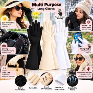 Lange Damenhandschuhe, Touchscreen-Handschuhe, Fahrhandschuhe, Winterhandschuhe, Sonnenschutz, Armstulpen in Schwarz, Creme und Weiß
