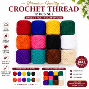 Puede incluir: Un juego de 12 ovillos de hilo para ganchillo en varios colores incluyendo rojo, azul, amarillo, verde, naranja, rosa, negro, blanco, morado, turquesa, marrón y crema. La imagen incluye etiquetas de texto como Premium Quality Crochet Thread.