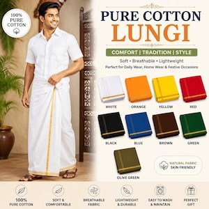 Lungi de algodón puro para hombre / Prenda tradicional india estilo dhoti / Ropa informal suave y transpirable / Sarong de varios colores