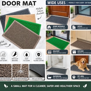 May include: Rectangular door mats in gray, tan, green, and brown colors with a textured, looped surface. The mats feature an anti-slip backing, are designed to trap dust and dirt, and are shown in various settings including home, office, and kitchen.