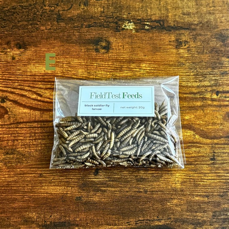 Puede incluir: Una bolsa de pl&aacute;stico transparente llena de larvas de mosca soldado negra, con una etiqueta que dice "FieldTest Feeds". La etiqueta tambi&eacute;n indica "larvas de mosca soldado negra" y "peso neto: 20g."