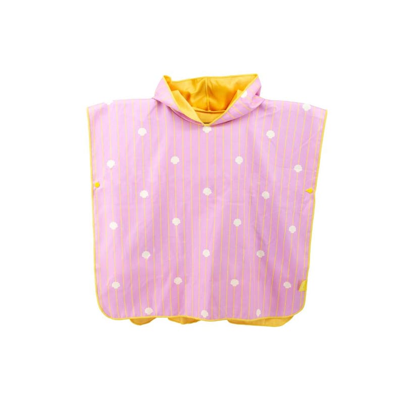 May include: A hooded poncho in a light purple color with vertical yellow stripes and white polka dots. The interior and hood lining are yellow. The poncho has yellow trim and yellow button closures on the sides.