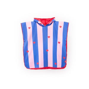 May include: A hooded poncho with a red, blue, and pink striped pattern. The poncho has red heart accents and a red trim. The poncho is designed with a hood and snap closures.