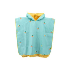 May include: A light blue hooded poncho with a yellow interior and trim. The poncho is decorated with small embroidered sailboats in orange, green, and yellow. The poncho is designed for children.