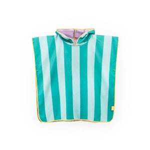 May include: A striped beach poncho in shades of teal and white, with a hood lined in lavender and trimmed with yellow. The poncho has a button closure on each side and a small yellow tag.